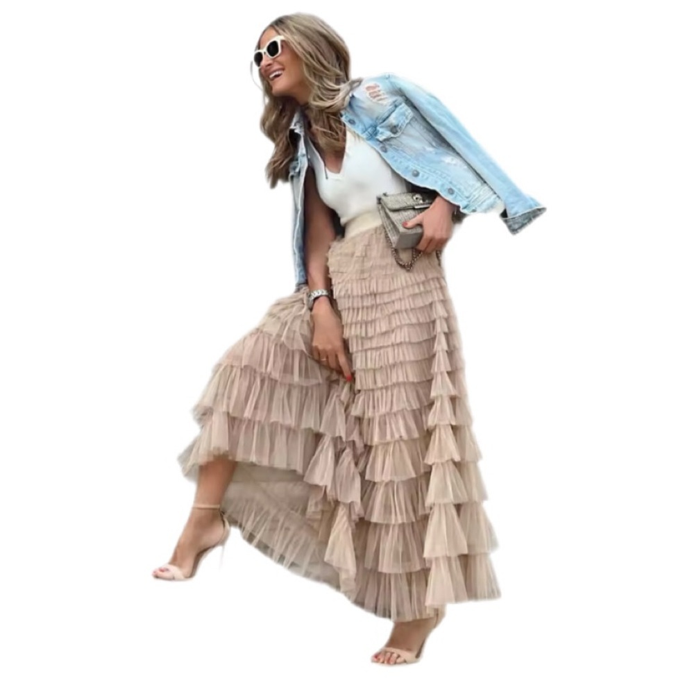 Multilayer Ruffle Mesh Skirt Women Boho High Waist Long Maxi Tulle Skirt - Picture 2 of 4